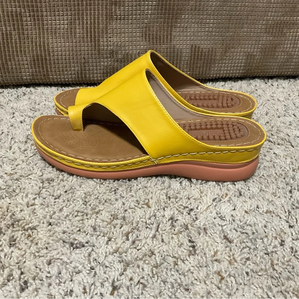Aomigoct sandals for women’s size 42 yellow soft leather - Picture 2 of 8